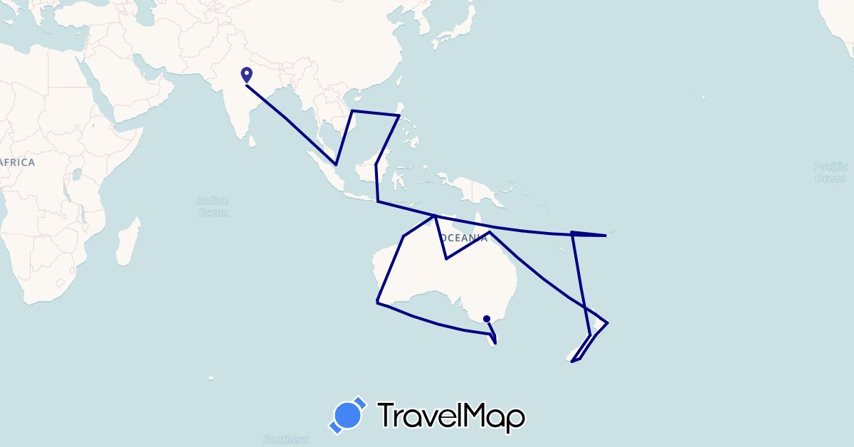 TravelMap itinerary: driving in Australia, Fiji, Indonesia, India, New Zealand, Philippines, Singapore, Vietnam, Vanuatu (Asia, Oceania)